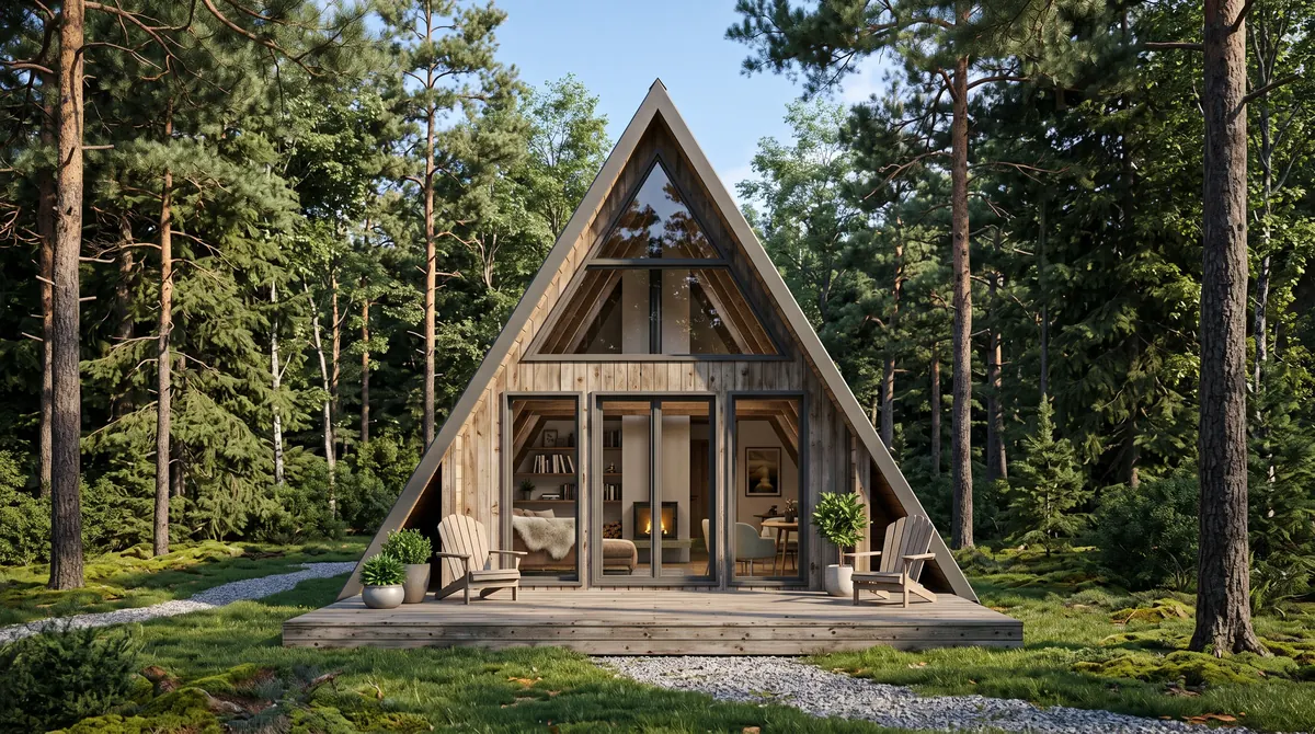 Visualisation : maison préfabriquée A-frame en bois naturel au pignon vitré, séjour avec cheminée derrière le verre et terrasse parmi les pins