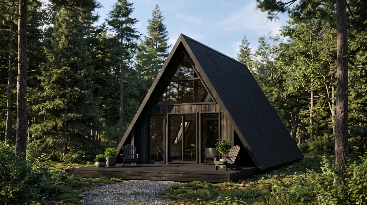 Visualisation : maison préfabriquée A-frame noire au toit métallique descendant jusqu'au sol, pignon vitré et terrasse en bois sombre en forêt