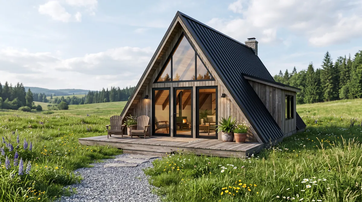 Progetto individuale: casa A-frame con fronte vetrato e terrazza in un prato