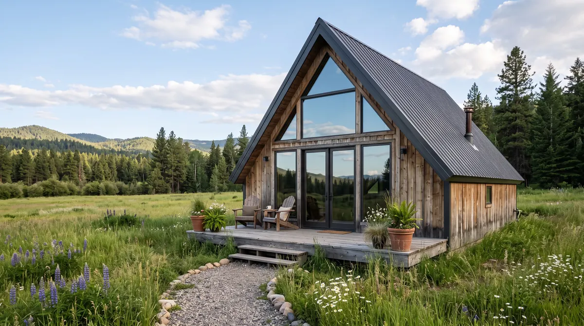 Visualisation : maison préfabriquée A-frame au toit en métal sombre, bardage en bois patiné, pignon vitré et terrasse avec marches dans une prairie de montagne