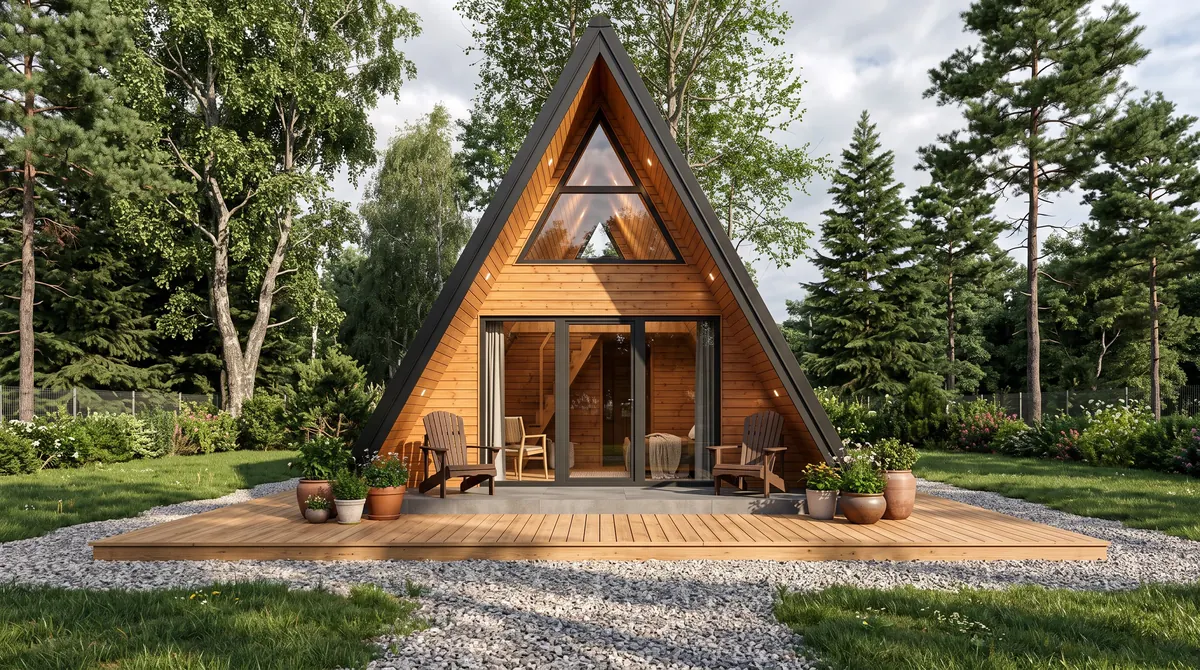 Progetto individuale: casa A-frame con timpano vetrato e ampia terrazza in una radura
