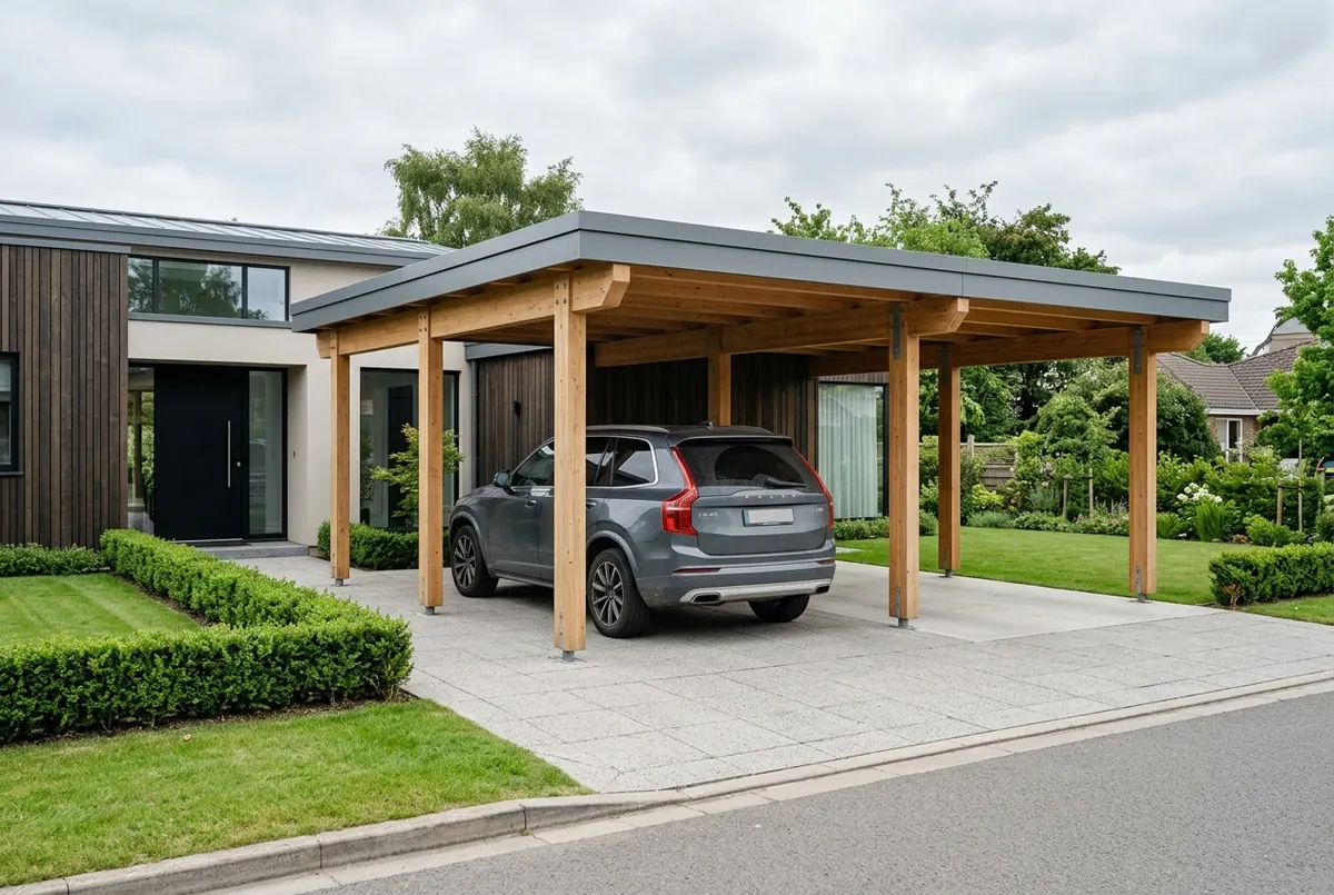 Visualisierung: Carport aus Holz mit Flachdach für ein Auto neben einem modernen Haus