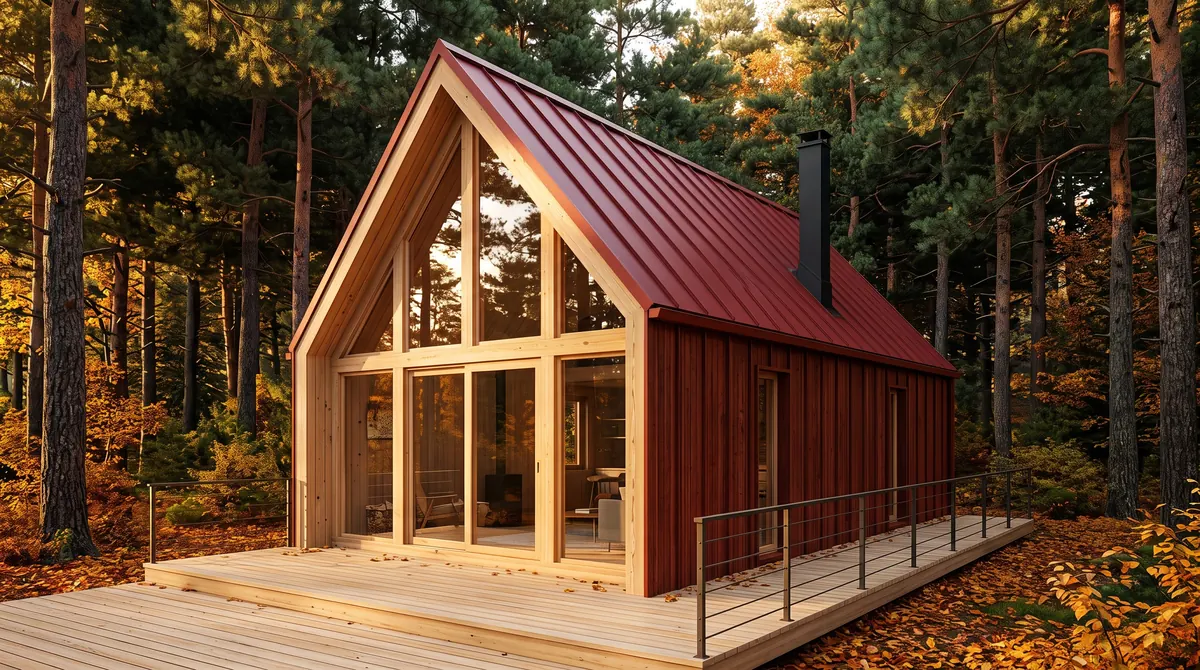 Casa prefabbricata rossa con timpano vetrato in legno e lunga terrazza con ringhiera in una pineta