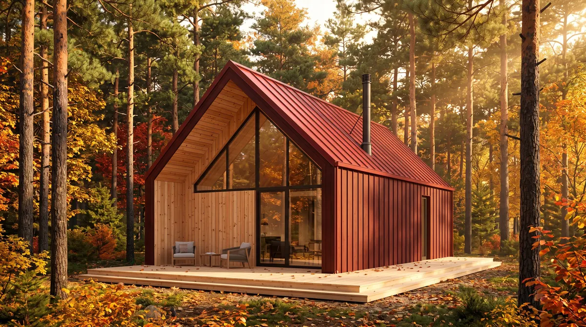 Casa prefabbricata rossa con timpano vetrato a telaio nero e terrazza al sole d'autunno