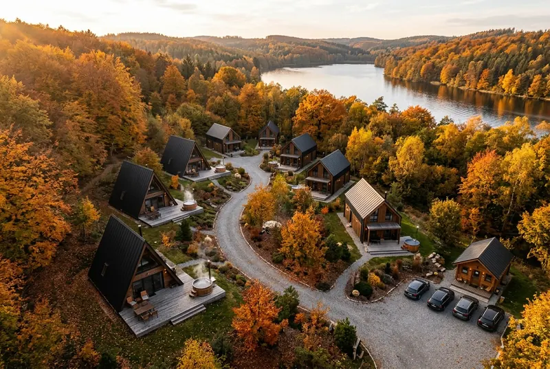 Visualizzazione: vista aerea di un villaggio glamping con case A-frame e casette in legno in un bosco autunnale vicino a un lago