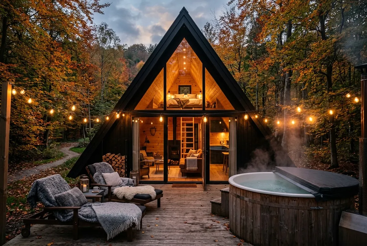 Visualizzazione: casa A-frame nera con timpano vetrato, terrazza con luci a filo e vasca idromassaggio al crepuscolo