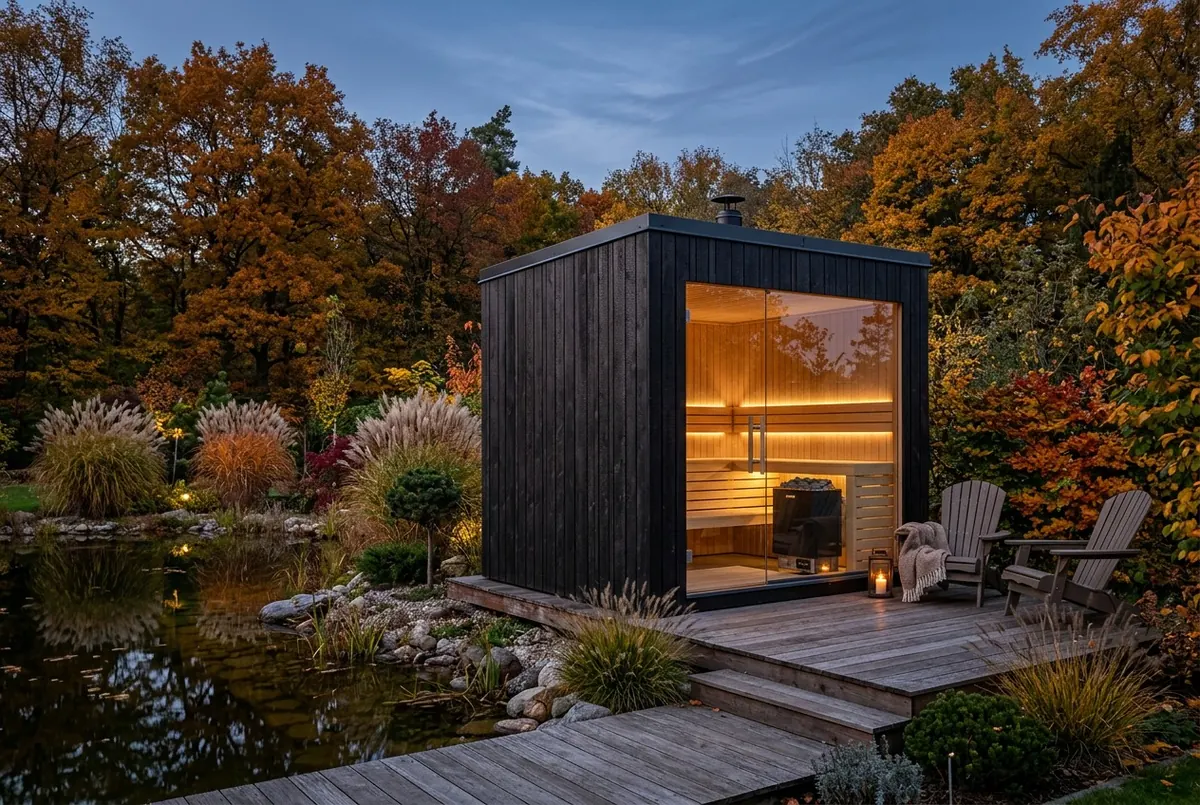 Visualisierung: Würfelsauna mit dunkler Holzverkleidung, Glasfront und Holzdeck an einem Gartenteich in der Dämmerung