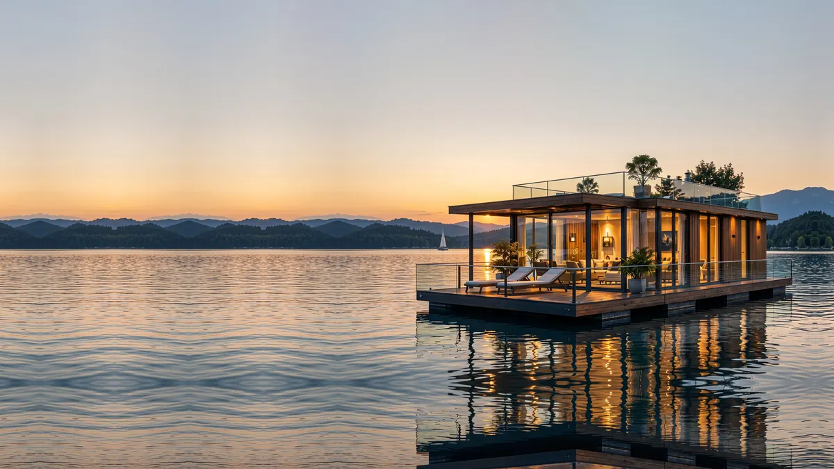 Ein Schwimmhaus von Fortuna Domus mit raumhoher Verglasung und Dachterrasse auf einem ruhigen See bei Sonnenuntergang
