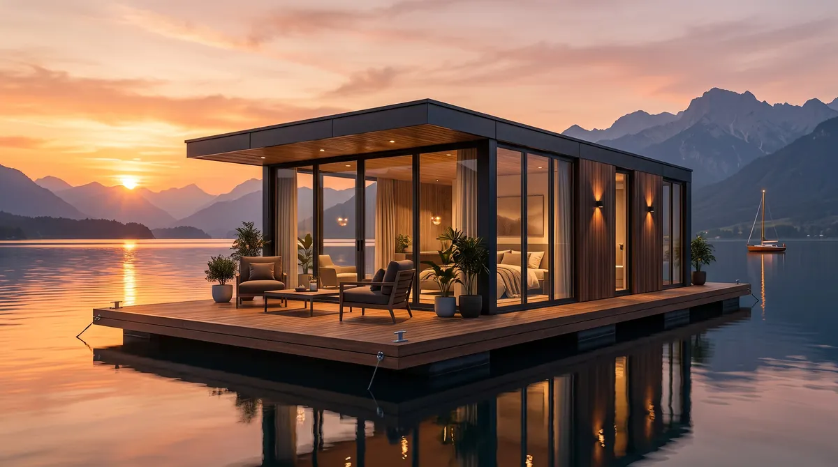 Sessel auf einer geschützten Terrasse vor einem verglasten Schwimmhaus, das bei Sonnenuntergang warm leuchtet