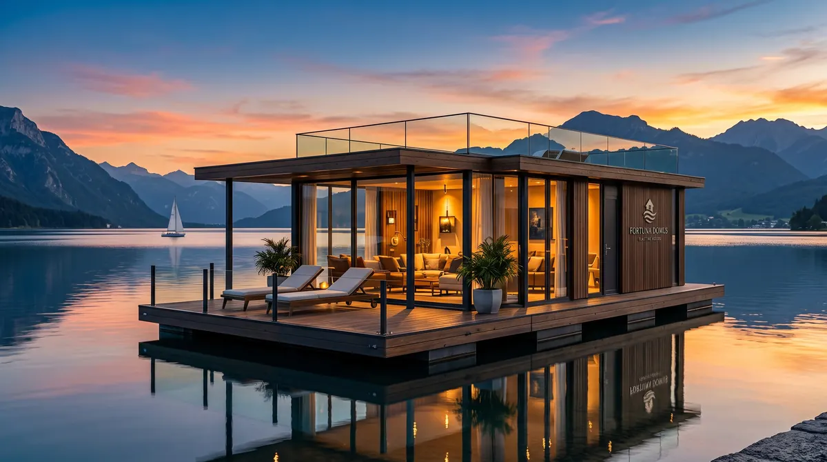 Dachterrasse, Glas und warmes Licht zur blauen Stunde auf einem Bergsee