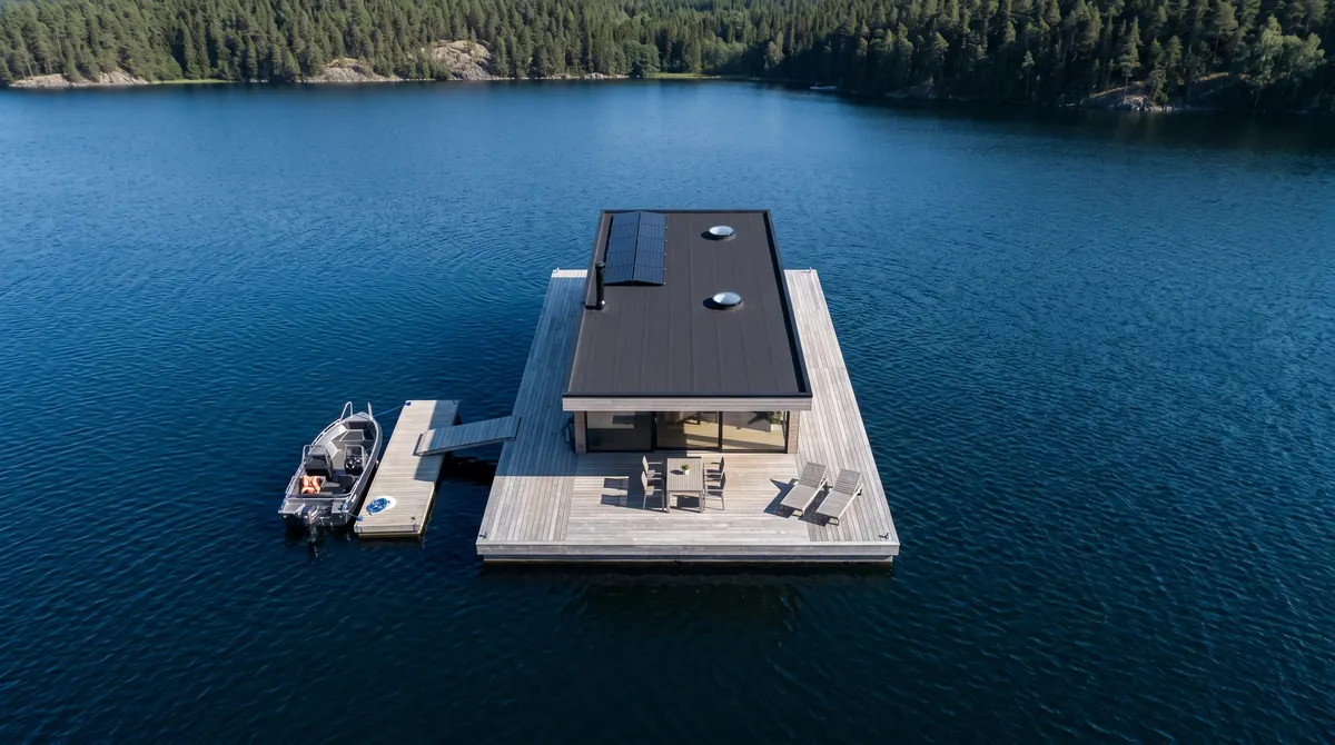 Luftaufnahme eines Schwimmhauses mit Solarmodulen auf dem Flachdach, vertäut auf offenem Wasser neben dem eigenen Ponton