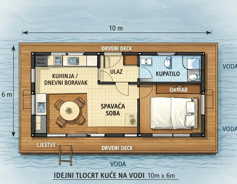 Handgezeichnete Konzeptskizze des Grundrisses des FD-60, 10 × 6 m